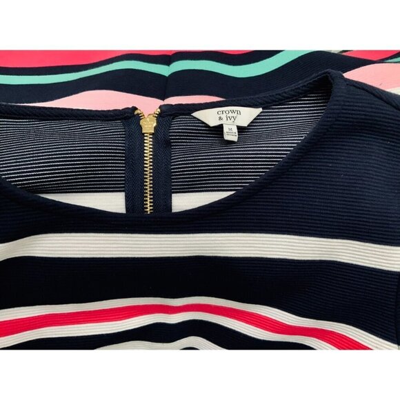 Crown & Ivy Womens Quarter Sleeve Back Zip Striped Navy Knee Length Dress Medium - Picture 3 of 9